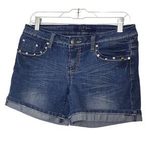 Earl Jean Junior Denim Shorts 9 Blue Rhinestone Embellished Studded Y2K Mid Rise